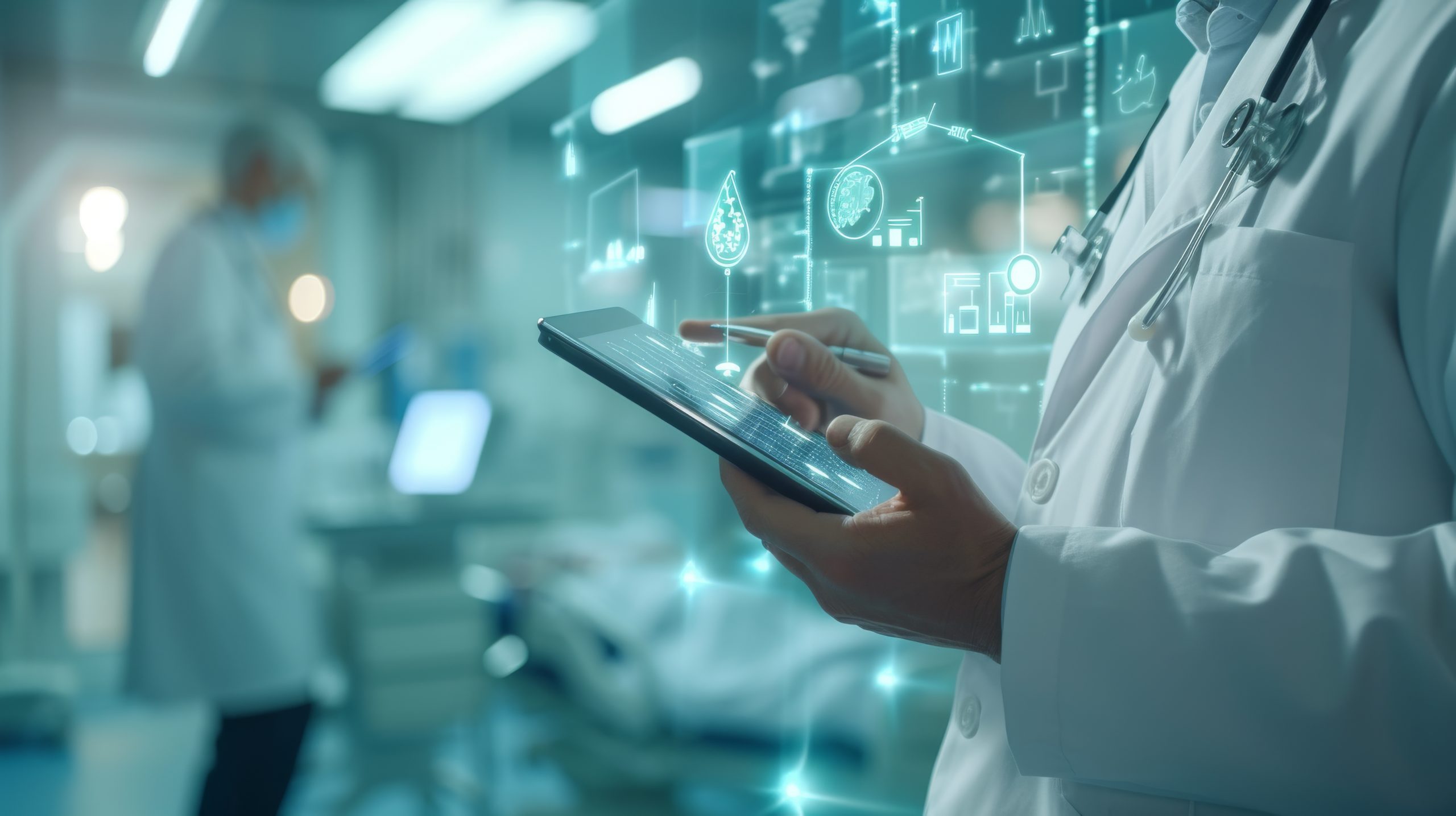 close up of doctor using tablet with holographic medical data in a hospital setting